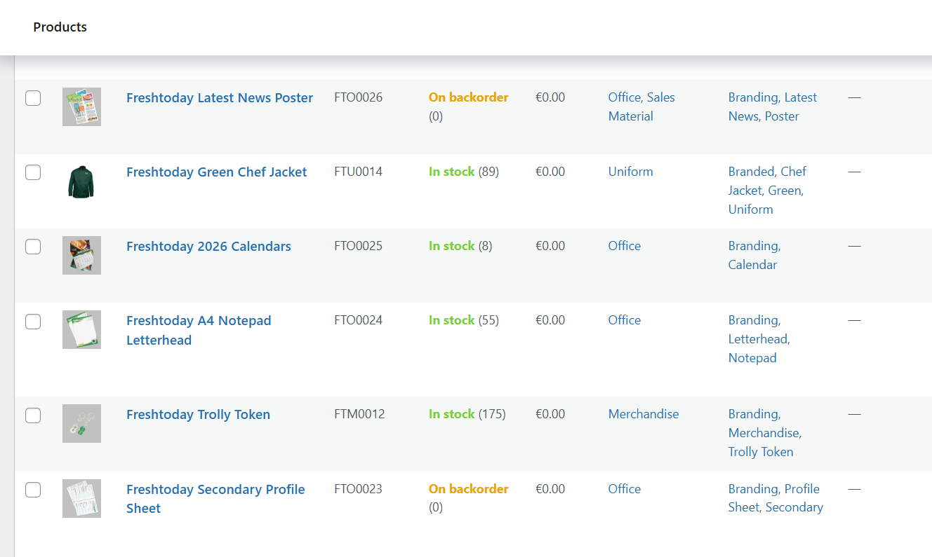 Products in back-end