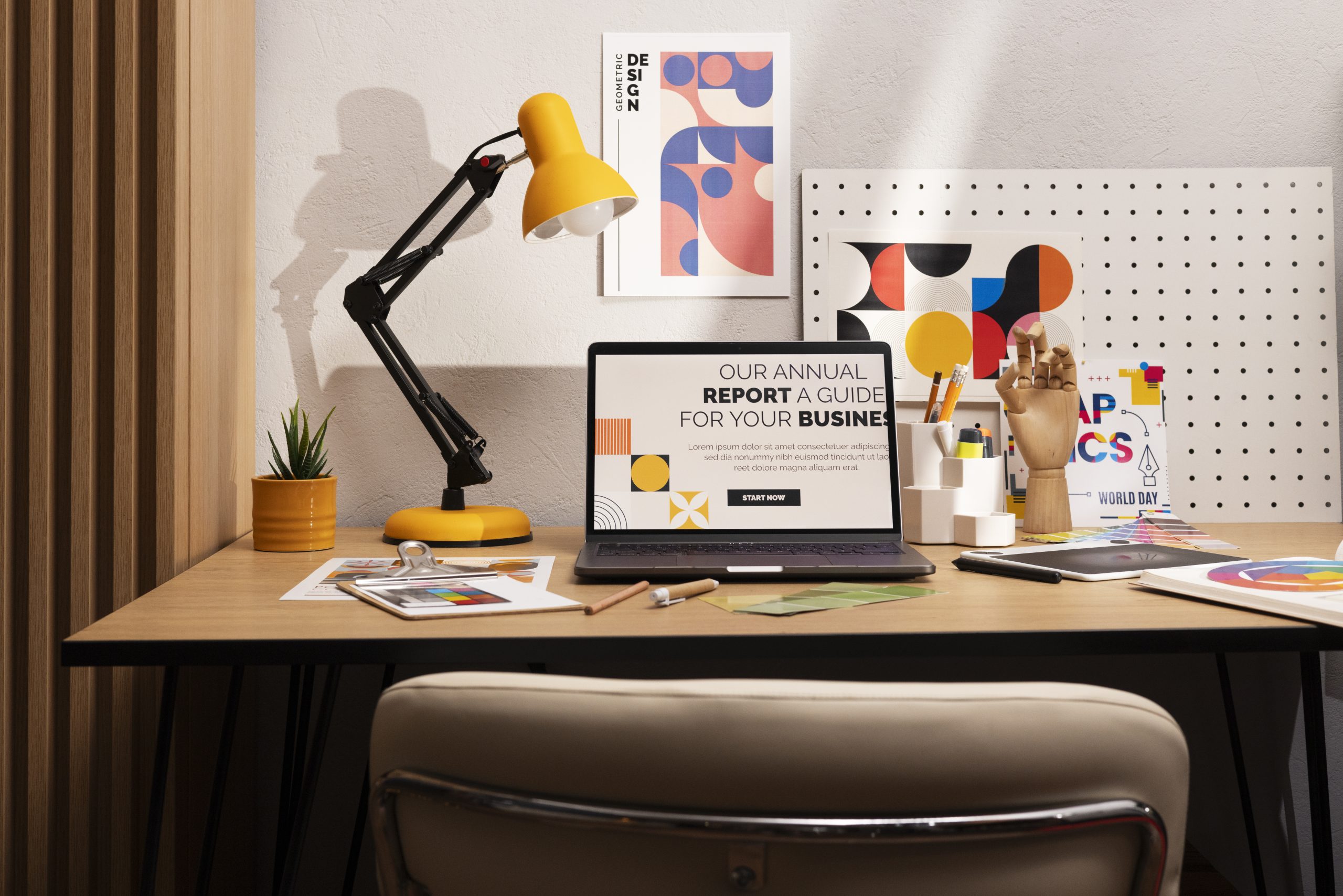 Graphic design studio still life with creative materials and tools
